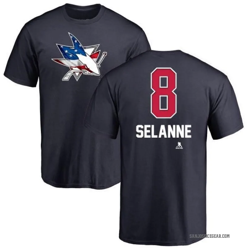 Teemu Selanne Men's Navy San Jose Sharks Name and Number Banner Wave T-Shirt -